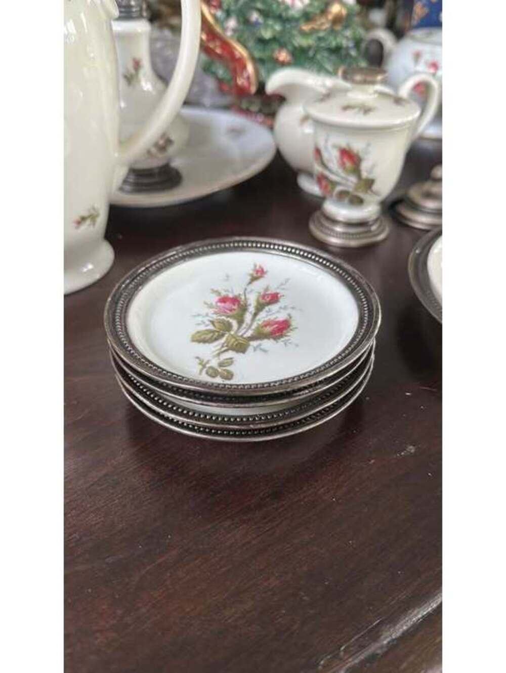 Antique Rosenthal “Moss Rose” Sterling Silver-Rimmed Coasters – Set of 4